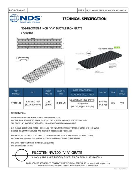 NDS BG-FILCOTEN® 100 Trench Drain Grate Decorative Via Slot Design Ductile Iron Tech Spec