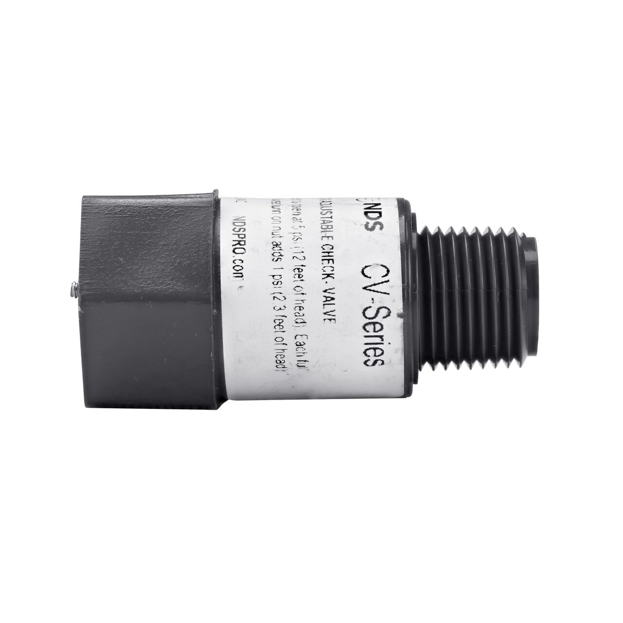 Side view of the NDS Gray 1/2 in. IPS FPT X MPT PVC Adjustable Inline Spring Check Valve (NDS CV-0500-FM)