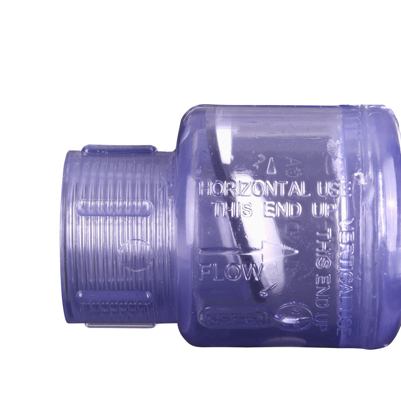 Closeup of the arrow showing water flow direction on the NDS Clear 3/4 in. female end by female end PVC Swing Check Valve (NDS 1520C07F)