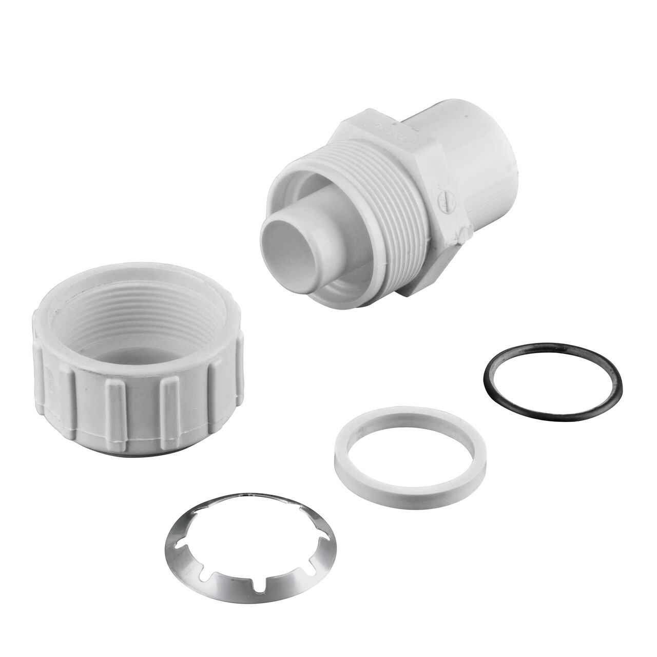 The NDS 1-1/2 in. IPS Spigot X 1-1/2 in. SDR-9 CTS Flo-Lock™ Gripper Adapter fully unassembled showing the steel gripper, EPDM O-Ring and stiffner (NDS 733-15)