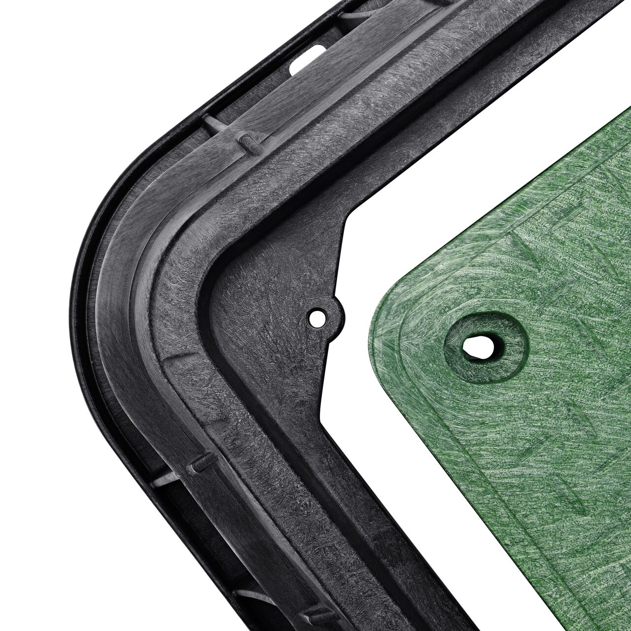 Align the bolt hole on the lid with the bolt hole from the NDS 17 in. X 30 in. Rectangular Pro-Spec® Series Black Box and Green Irrigation Control Valve Cover (NDS 326BCDB-BG) for a secure fit