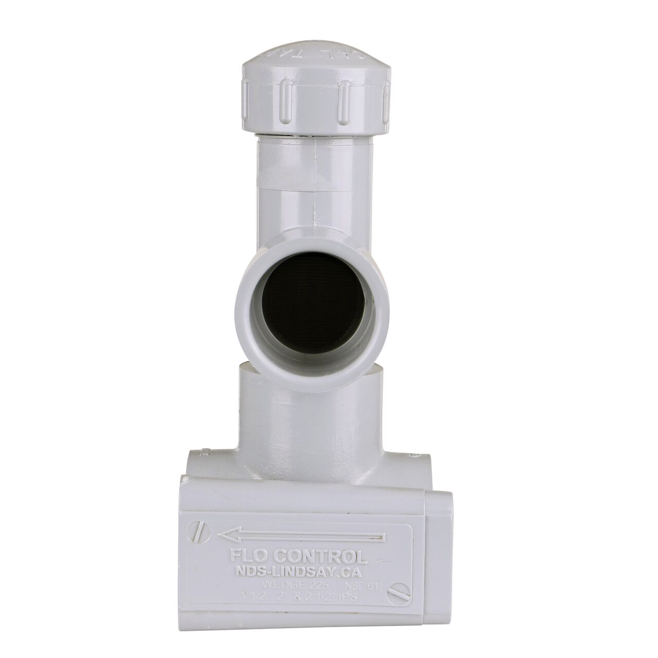 Side view showing patented wedge design and water flow on the 2 in. NDS Flo-Tap™ Rigid PVC Saddle with a 1-1/2 in. Socket or 2 in. spigot connection on top (NDS 3220)