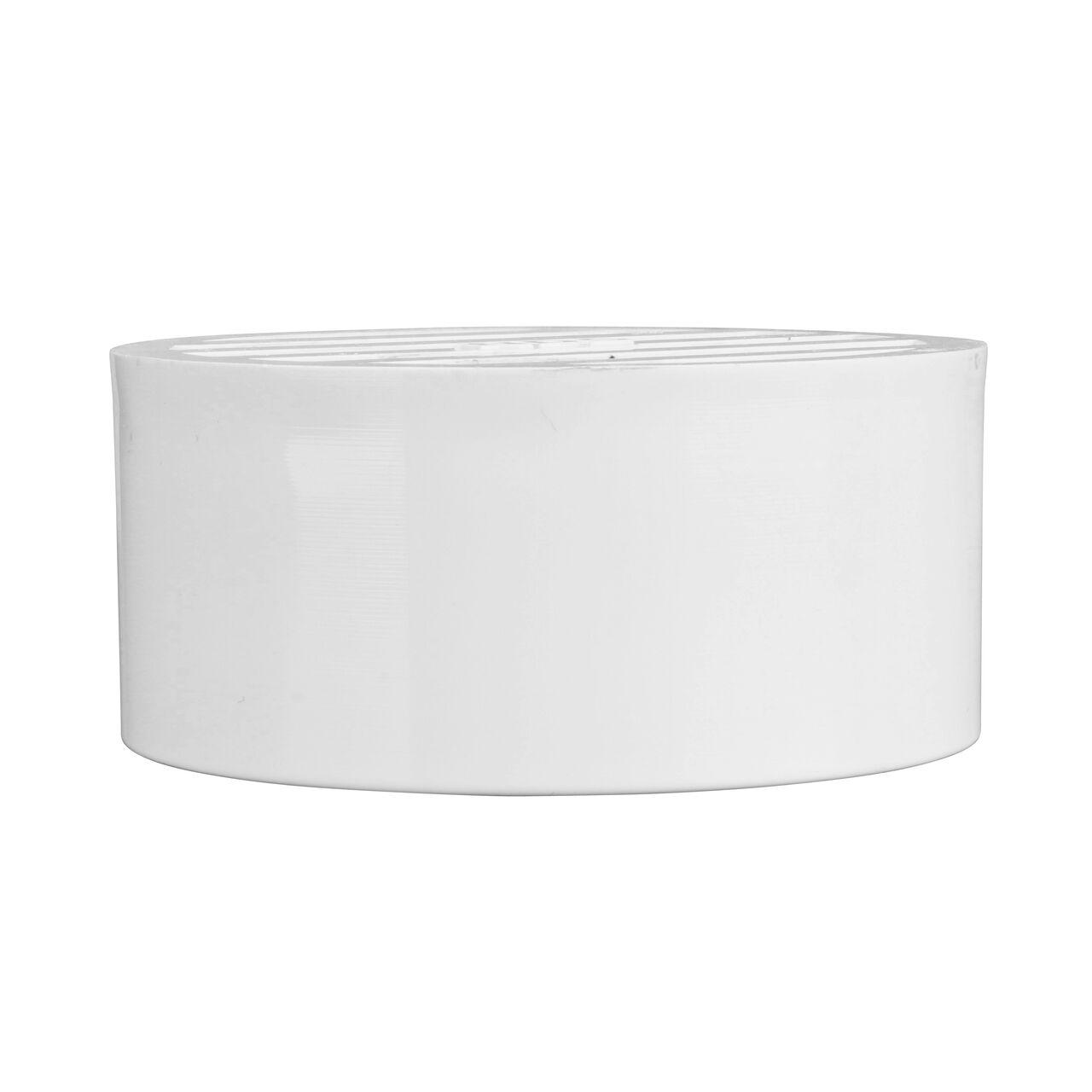 Vertical side view of the NDS white 3 in. round grate (NDS 9P12) which fits 3 in. sewer and drain fittings and is perfect for pool and spa applications