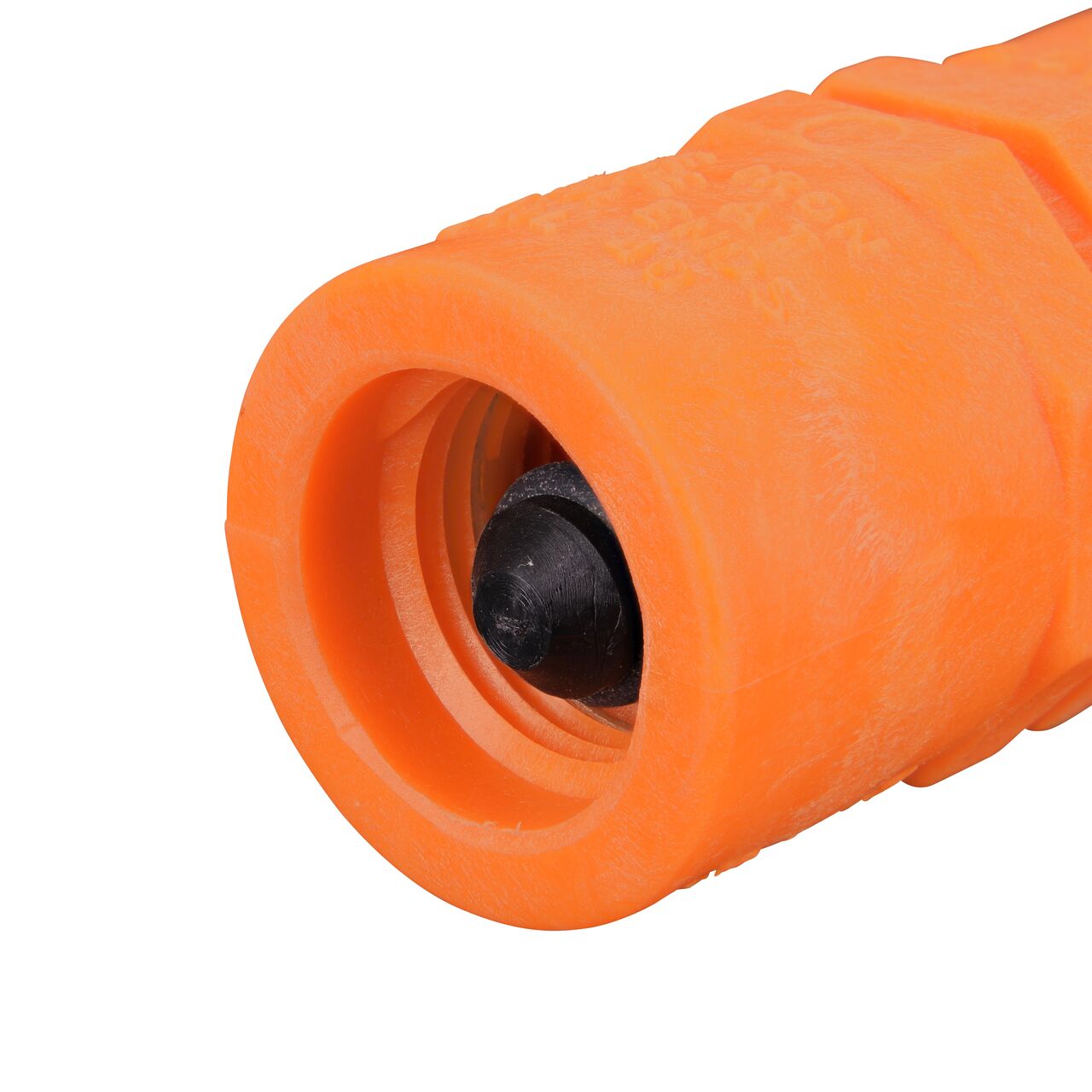 Closeup of the non-sloped end of the threaded NDS Orange 1/2 in. IPS Female Threaded PVC Breakaway Coupling Valve (NDS 1010-05-O)