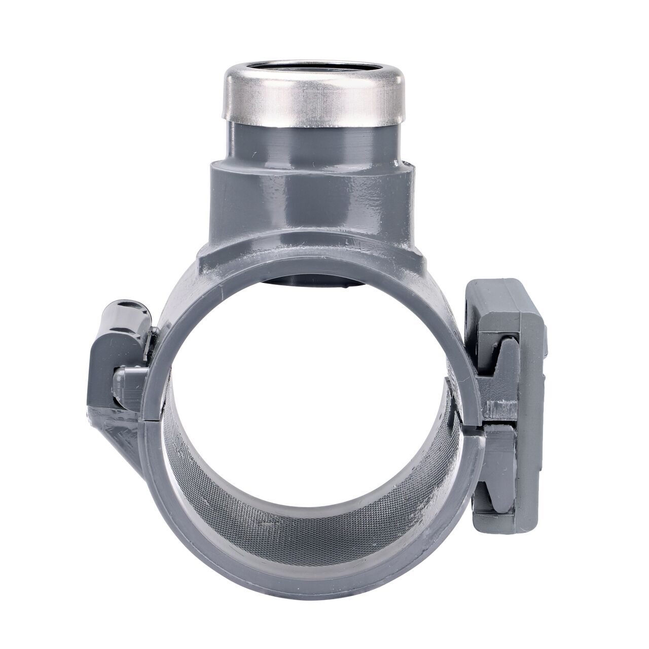 Front-facing view of the NDS Clamp-It™ Rigid PVC Saddle for 2 in. Sch. 40 and Sch. 80 PE pipe with 1 in. FPT on top (NDS 322010P) showing both the wedge and hinge sides