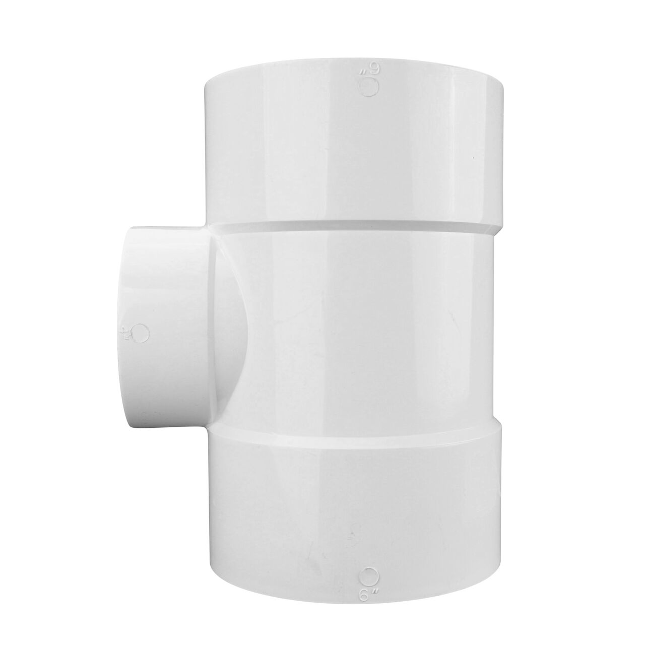 Side view of the NDS PVC tee for Sewer and Drain pipes which has two 6 in. Hub connections on the ends and one 4 in. Hub connection in the middle (NDS 64P01, NDS L64P01)