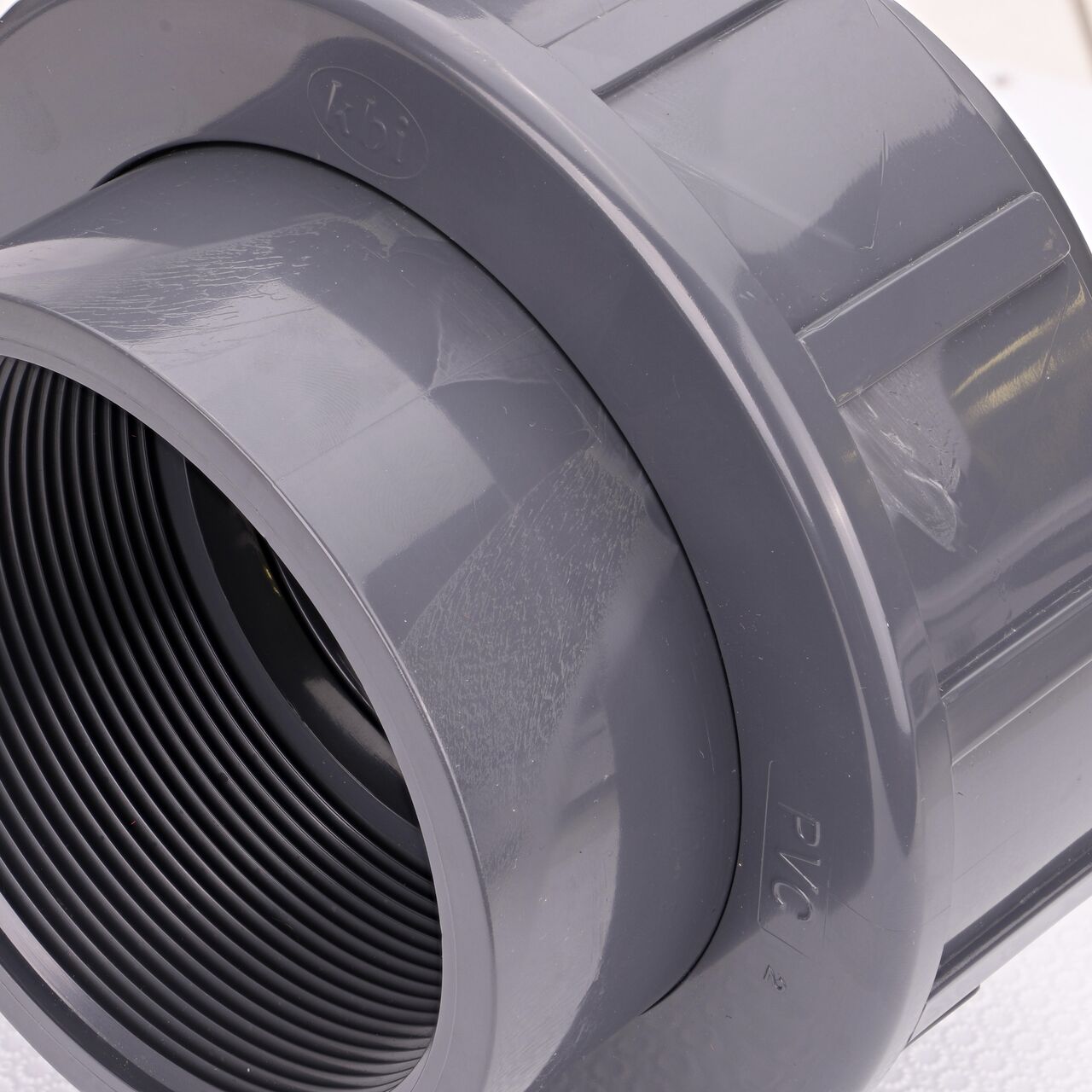 Close up view of the NDS 4 in. PVC FPT Union showing NDS brand a leader in flow management solutions and the preferred choice of professionals since 1972 mark (NDS U-4000-T)