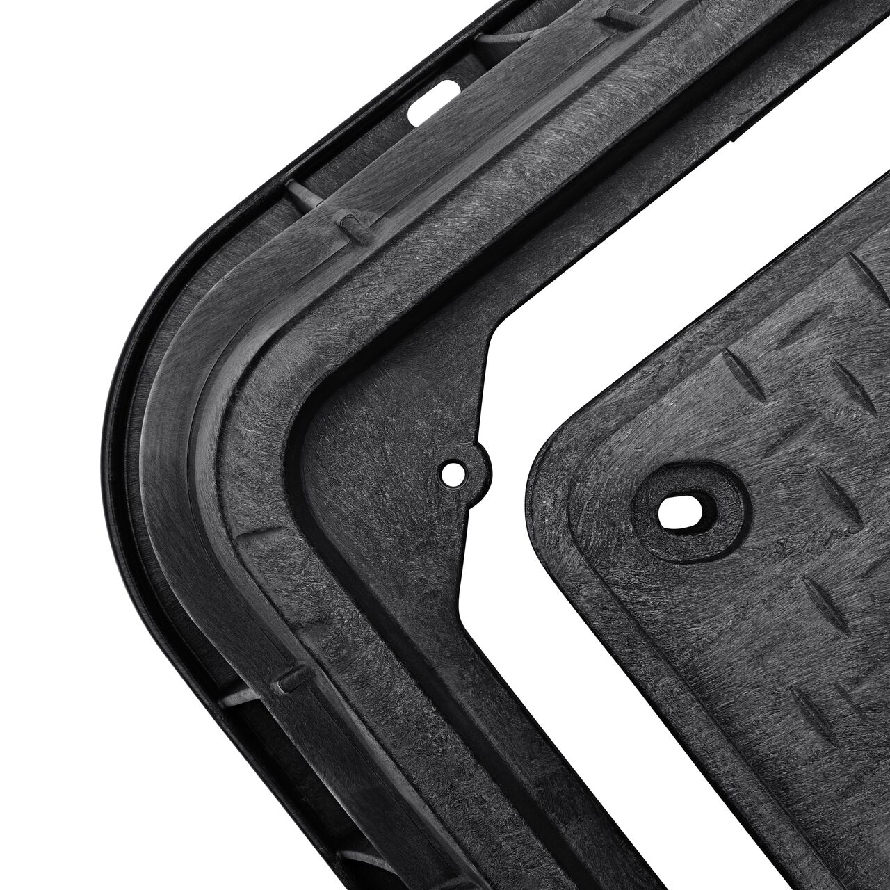 Align the bolt hole on the lid with the bolt hole from the NDS 17 in. X 30 in. Rectangular Pro-Spec® Series Black Box and Black Water Cover (NDS 326BCDBW) for a secure fit