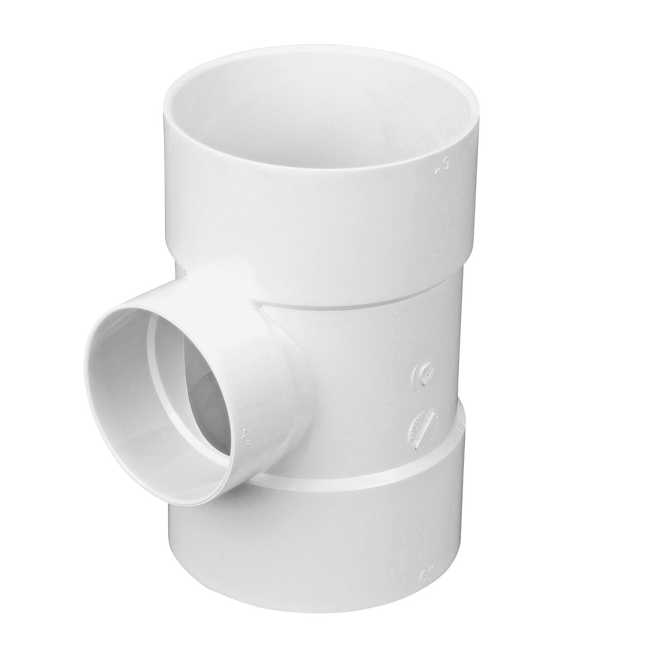 PVC tee for Sewer and Drain pipes; 6 in. Hub X Hub X 4 in. Hub connection (NDS 64P01, NDS L64P01)