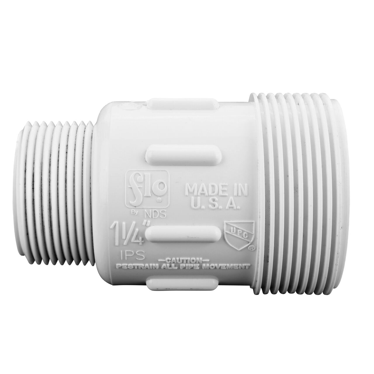 PVC Compression Adapter, 1-1/4 in. IPS UC X 1-1/4 in. IPS MPT with the adjustable nuts removed showing the body sleeve that connects with 3/4 IPS and MPT pipe to create a corrosion-free connection (NDS CPA-1250)