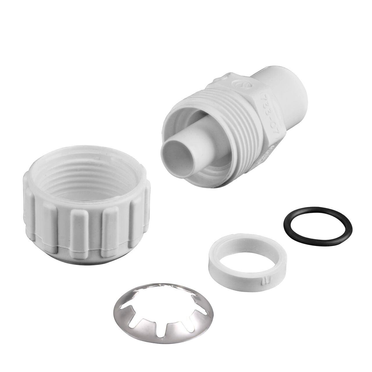The NDS 3/4 in. IPS Spigot X 3/4 in. SDR-9 CTS Flo-Lock™ Gripper Adapter fully unassembled showing the steel gripper, EPDM O-Ring and stiffner (NDS 733-07)