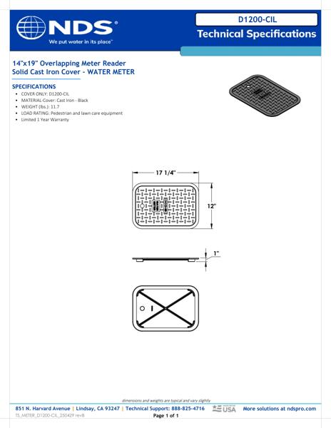 NDS 14 in. X 19 in. Rectangular D1200 Meter Box Cover, Cast Iron Water Meter Tech Spec