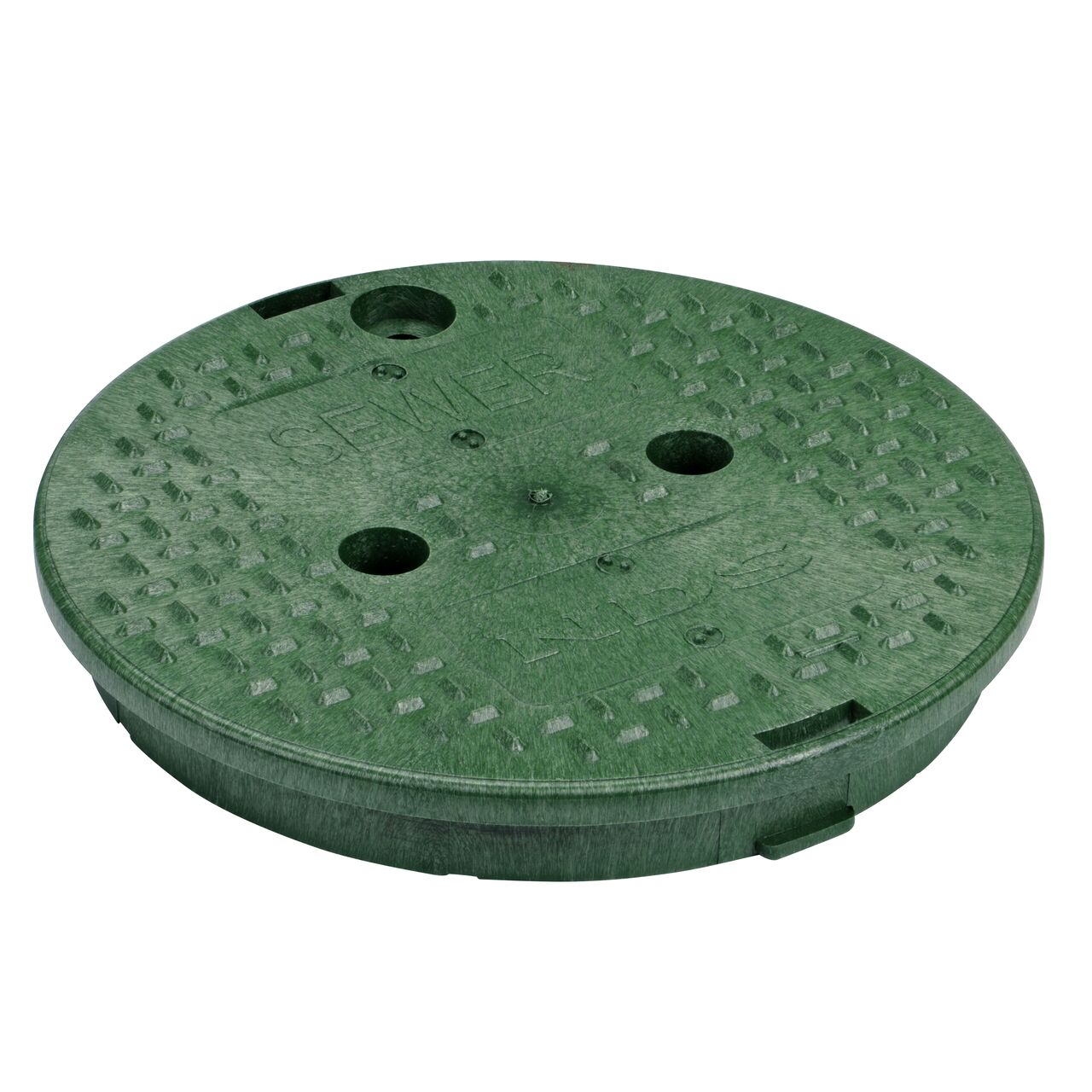 This NDS 10 in. Round Standard Series Valve Box Cover is a green cover with sewer markings on the lid and fits NDS standard series 10 in. valve boxes (NDS 111CS)
