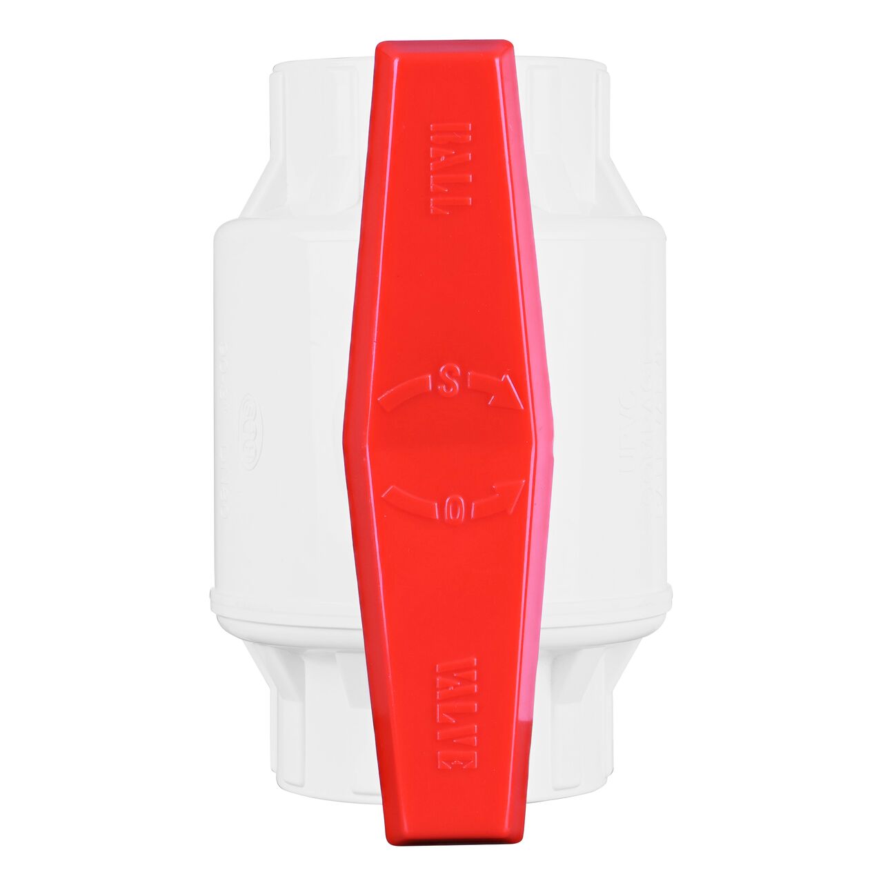 Closeup of the NDS IPS Ball Valve showing that the handle is made of durable PVC material perfect for irrigation or other pressurized system (NDS E1410-30)