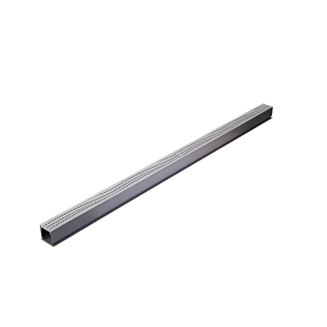 Two Gray Plastic Wave Design Mini Channel™ Drain Grates (NDS 555GY) as they fit on one Mini Channel™ Drain (NDS 500)