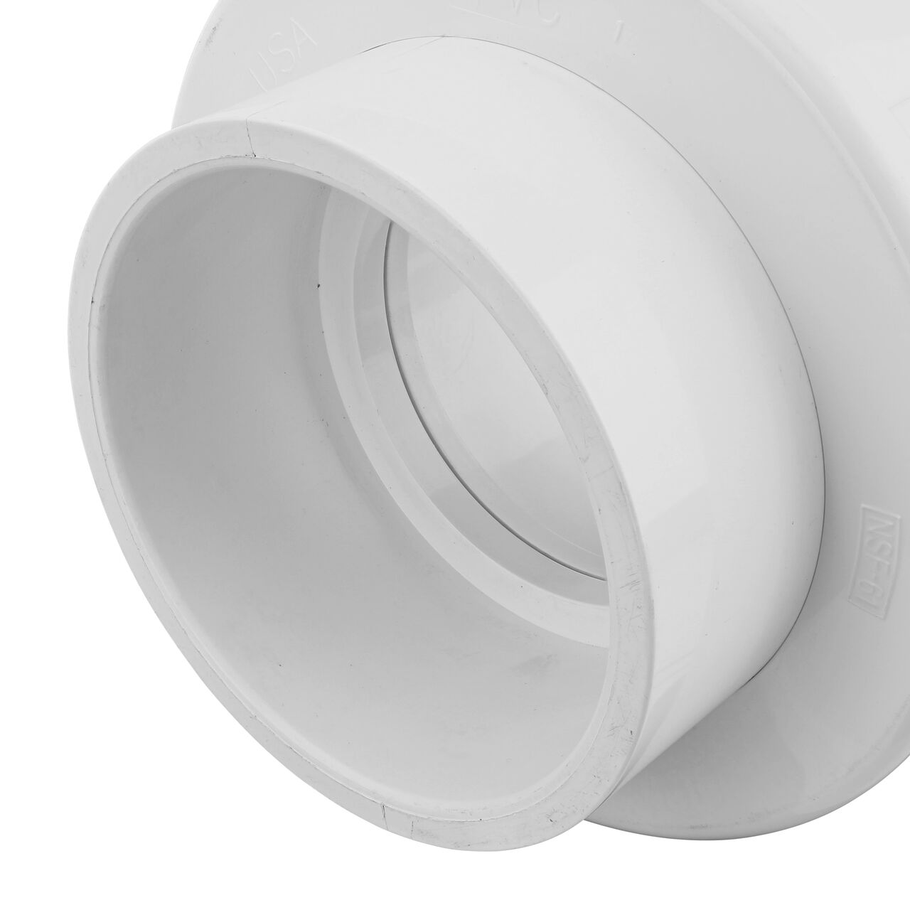 Closeup view of the other slip end on the PVC Union, 4 in. Sch. 40 S X S (NDS WU-4000-S) which provides a corrosion-free connection between pipes and prevents costly property damage