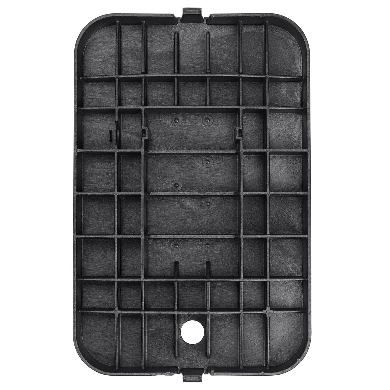 Top down view of the underside of the Black Water Meter cover (NDS D1200-DISBL) for the NDS 14 X 19 in. Rectangular Standard Series meter box showing reinforcing ribs that help support pedestrian and lawn care equipment