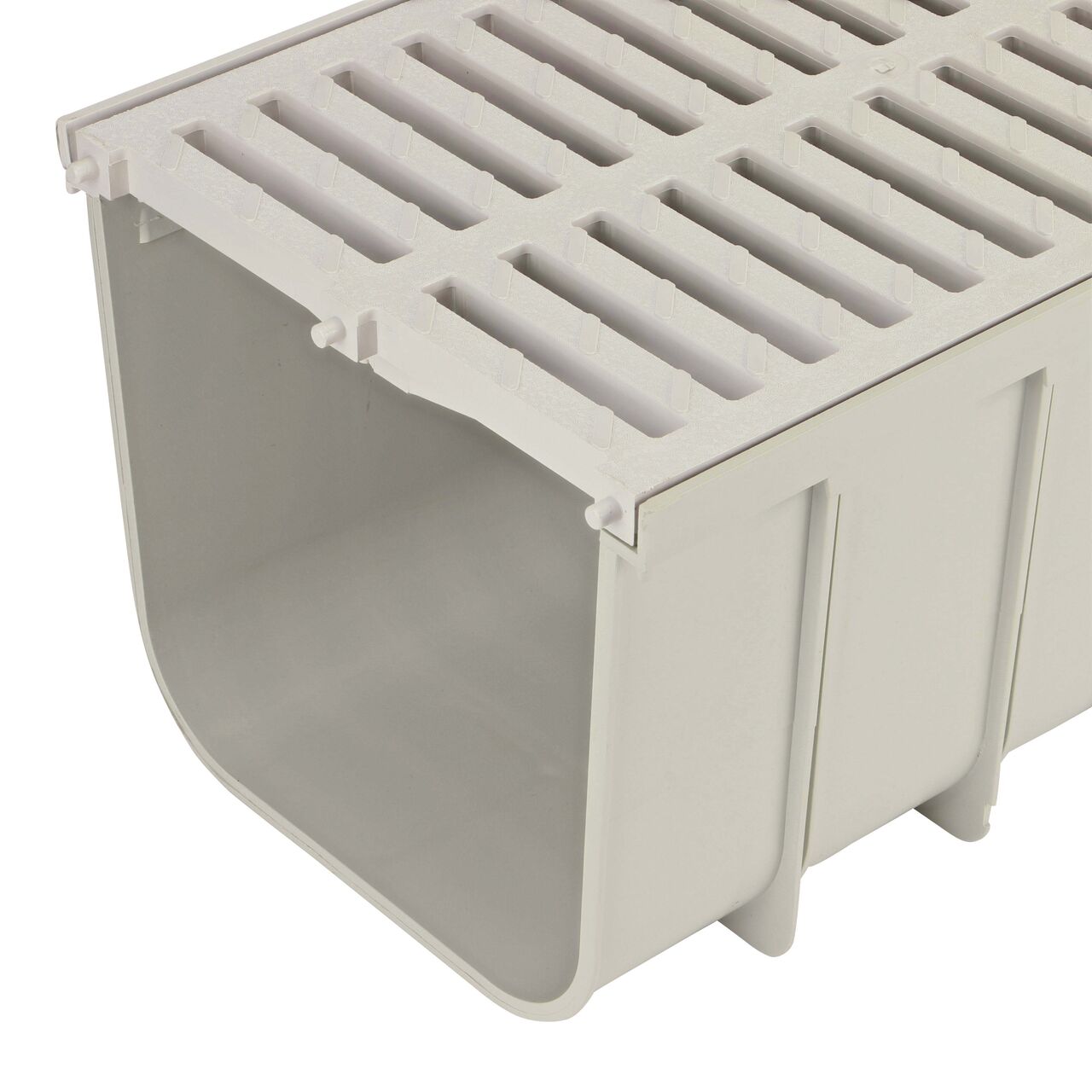 View of 12 in. Pro Series Channel Drain End (NDS 843), with light gray grate (NDS 847) installed