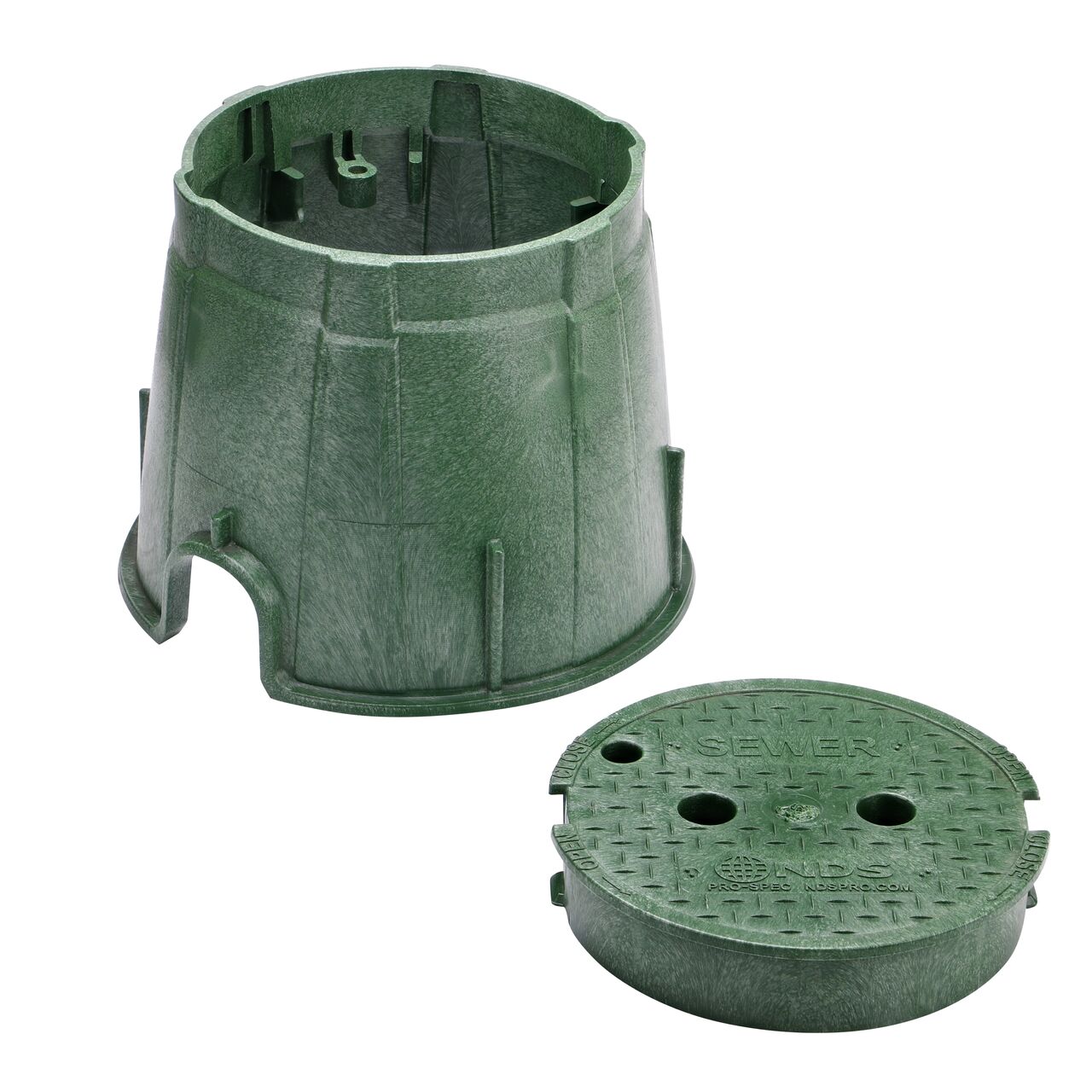 Unassembled View of the NDS 10 in. Round Pro-Spec® Series Green Box and Green Sewer Cover (NDS 312BCS) showing the overlapping cover with a bayonet twist-lock lid featuring two finger slots, making it easy to remove or secure onto the box