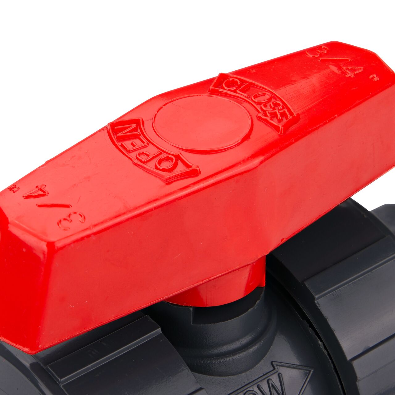 Closeup up view of the markings on the handle on the 3/4 in. PVC Slip & Threaded True Union Ball Valve (NDS BTU-0750-E) includings size and open and close.