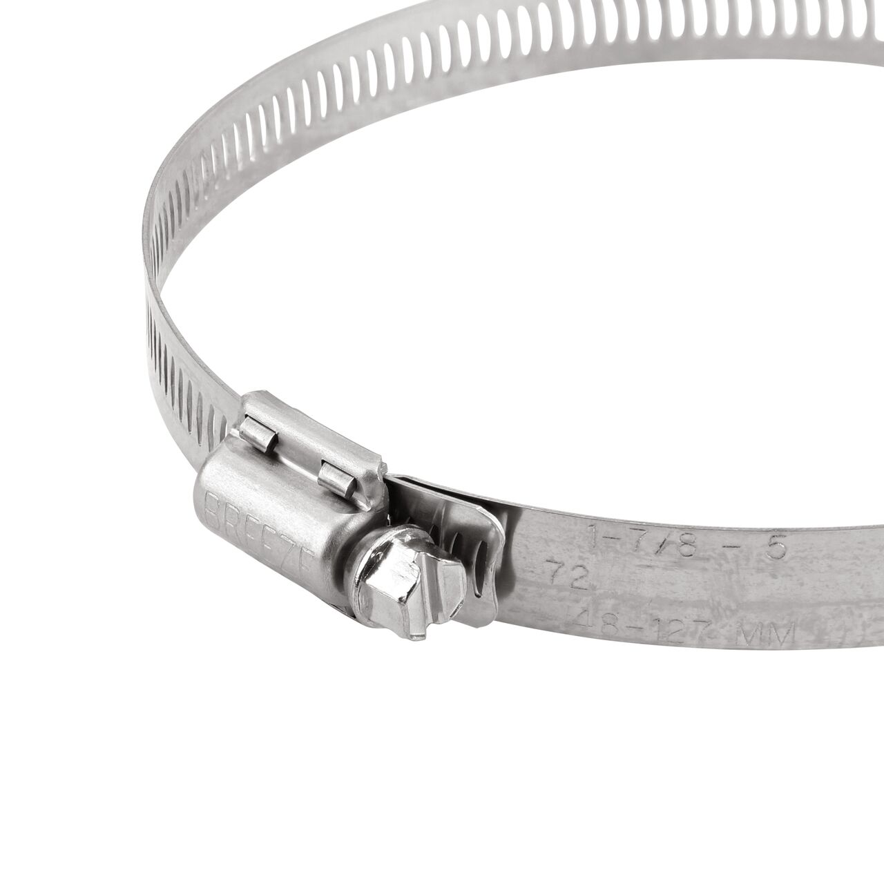 Closeup view of the NDS SAE 72 Worm Drive Hose Clamp with Aero Seal 1/2 in. band width (NDS 64072H) with a 5/16 in. 410 Stainless Steel hex screw; tighten to 30-45 in. lbs. torque to close