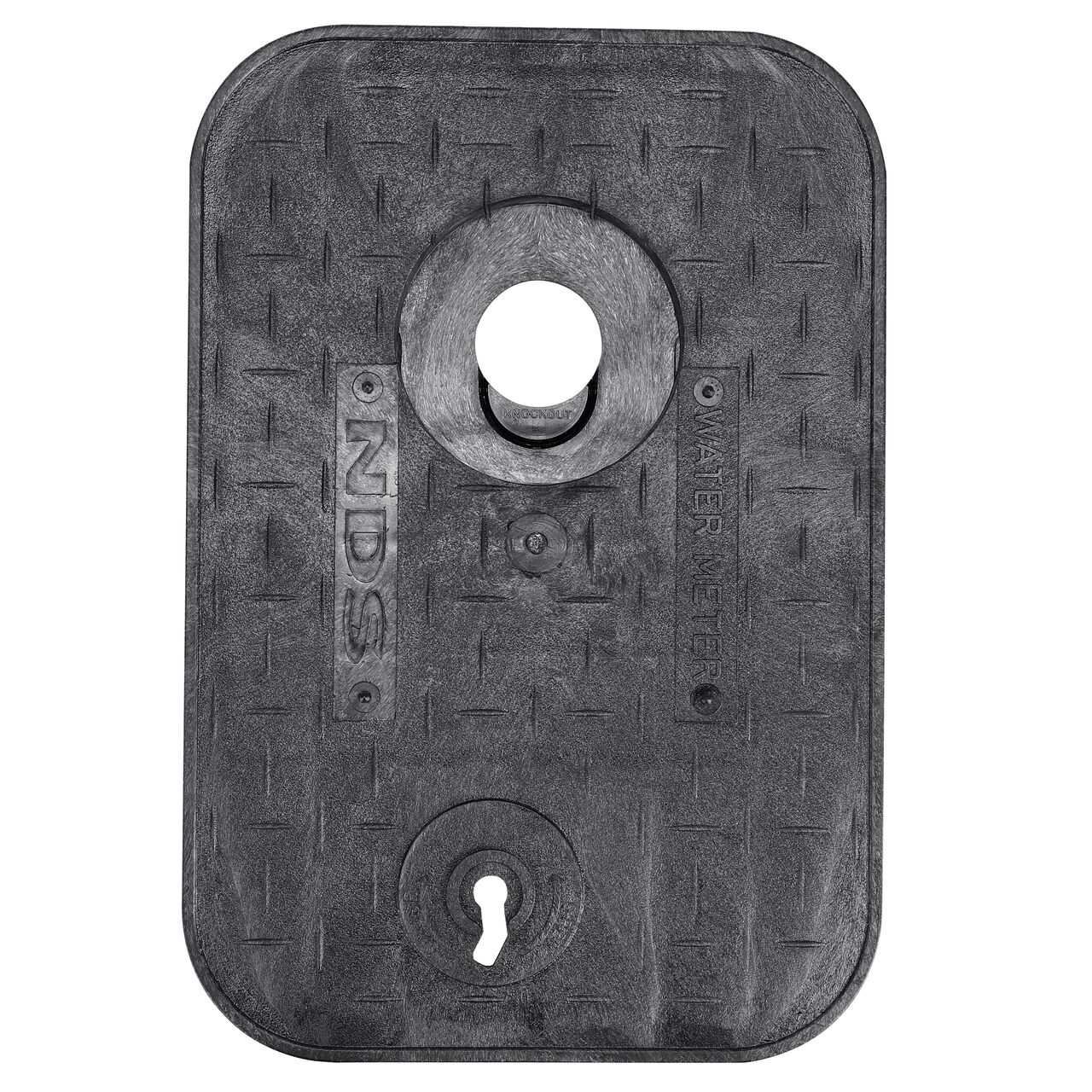 Top down view of the top side of the Black Water Meter cover for the NDS 14 in. X 19 in. Rectangular AMR Meter Box (NDS D12AMR-OLLOCTRL) showing the Black Water Meter markings and 4 in. Recess