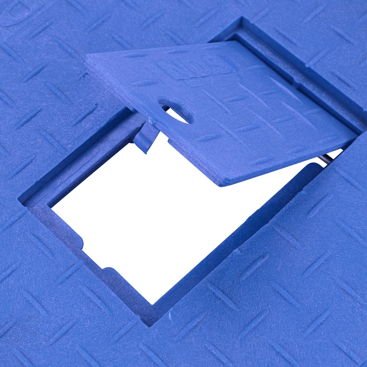 Closeup view of the Plastic reader door opened with the finger hole on the Blue Water Meter Drop-in cover (NDS D1500-DIRBLU) for the NDS 13 in. X 20 in. Rectangular Standard Series Meter Box