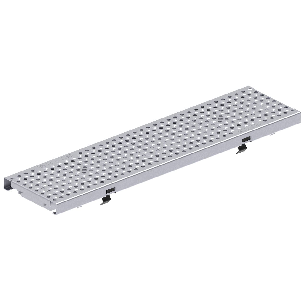 Two class C perforated design galvanized steel BG-FILCOTEN® 100 Trench Drain Grate (NDS 17010229) fits on one BG-FILCOTEN® 100 Trench Channel Drain