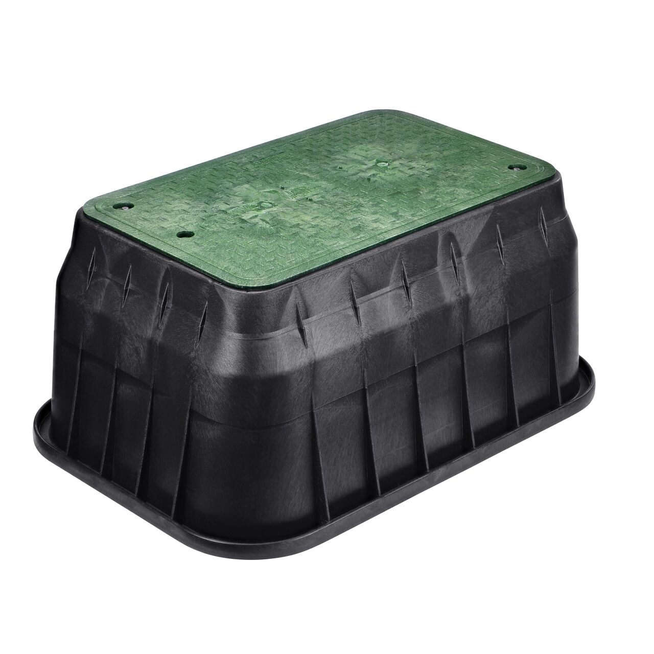 The NDS 17 in. X 30 in. Rectangular Pro-Spec® Series Valve Box and Cover with bolt is a 18 in. high Black Box and Green Cover with Irrigation Control Valve markings on the overlapping lid (NDS 326BCB-BG) and protects underground irrigation and sprinkler system components and keeps them out of sight