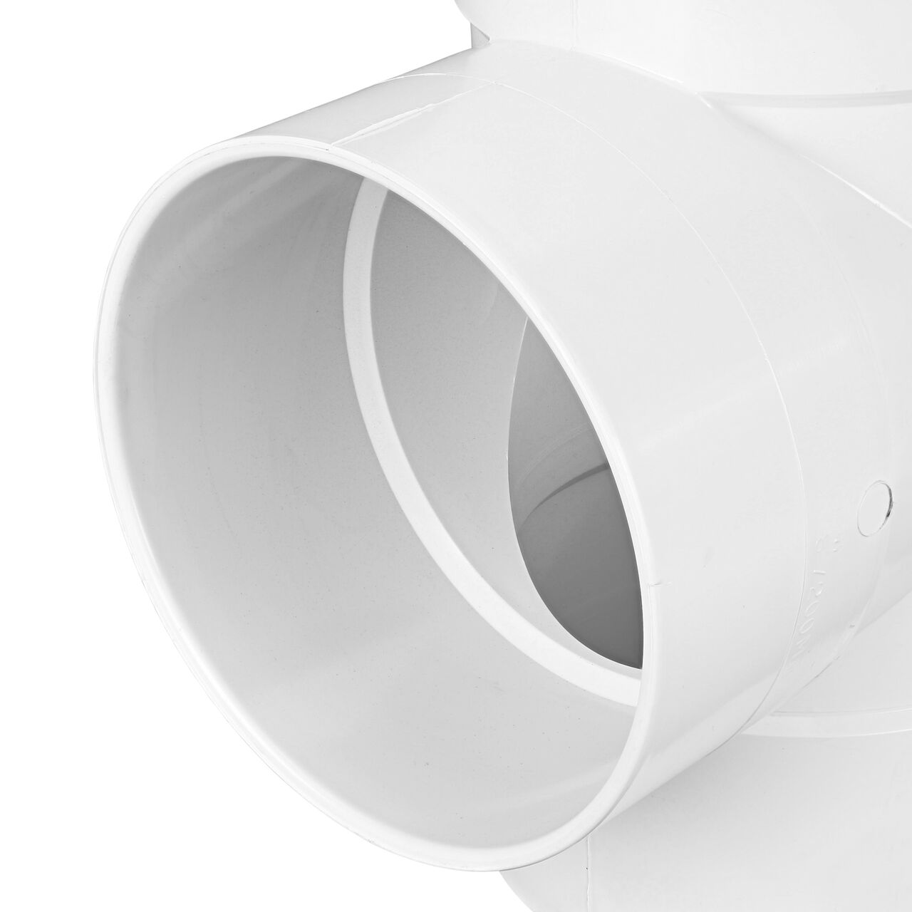Closeup view of one 8 in. end hub connection point on the NDS S&D Tee, connects 8 in. Sewer and Drain pipes, Hub X Hub X Hub connection (NDS 8P01)