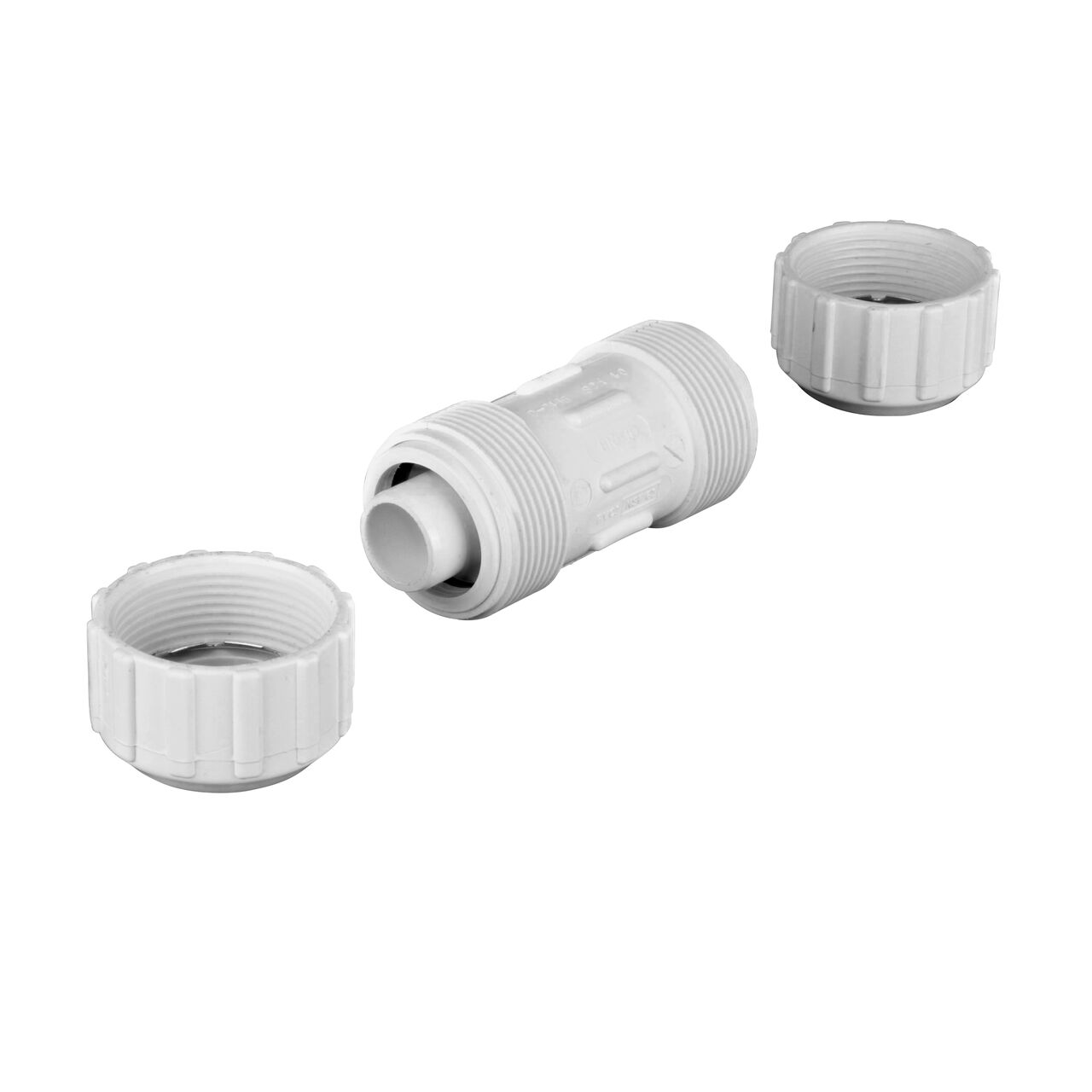 Unassembled NDS 1 in. SIDIR-7 Flo-Lock™ Gripper Coupling for PE Pipe showing where the two ends come apart to secure the adapter to the pipe (NDS 810-10)