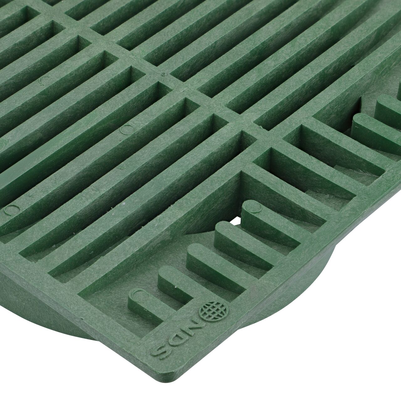 Closeup of the Grate Design on the NDS 8 in. Square Grate in Green Plastic (NDS 882)