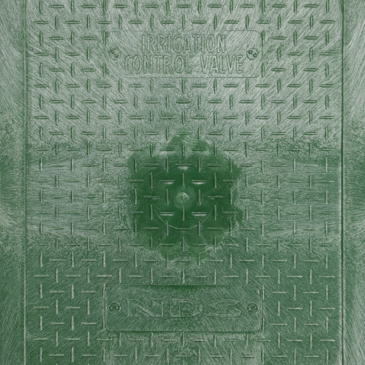 Closeup view of the Irrigation Control Valve markings on the Green Irrigation Control Valve cover (NDS 113C) for the NDS 14 X 19 in. Rectangular Standard Series Valve Box