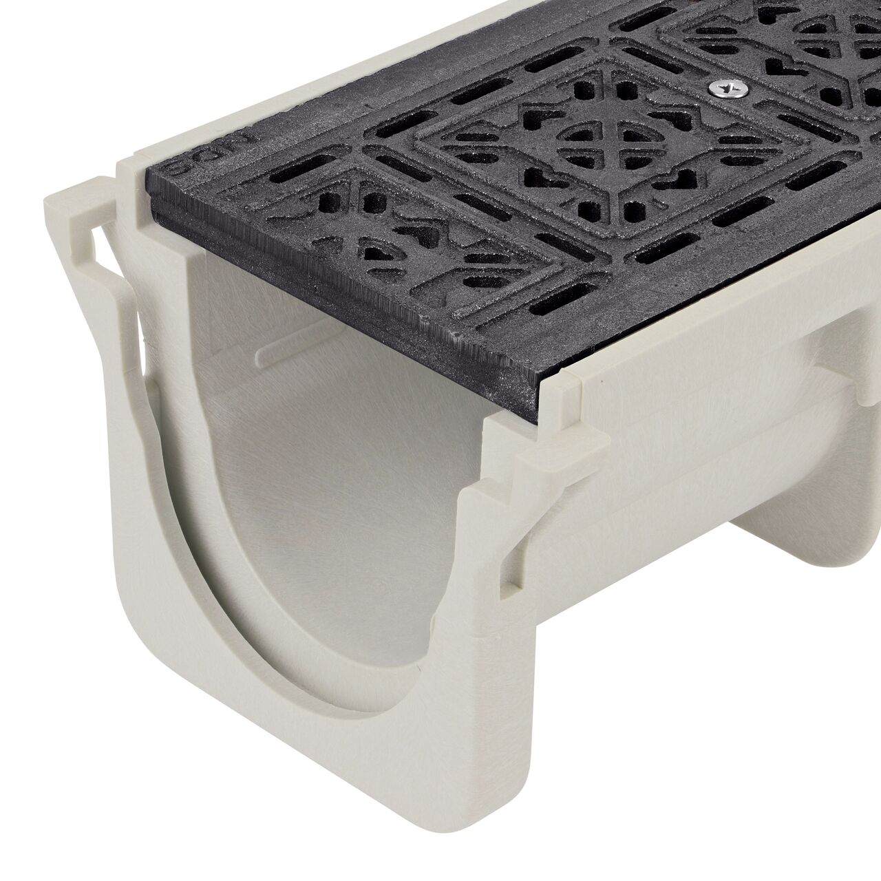 Closeup View of the ductile iron decorative tile pattern Dura Slope™ Channel Drain Grate (NDS DS-603) installed on the Dura Slope Channel Drain (NDS DS-091)