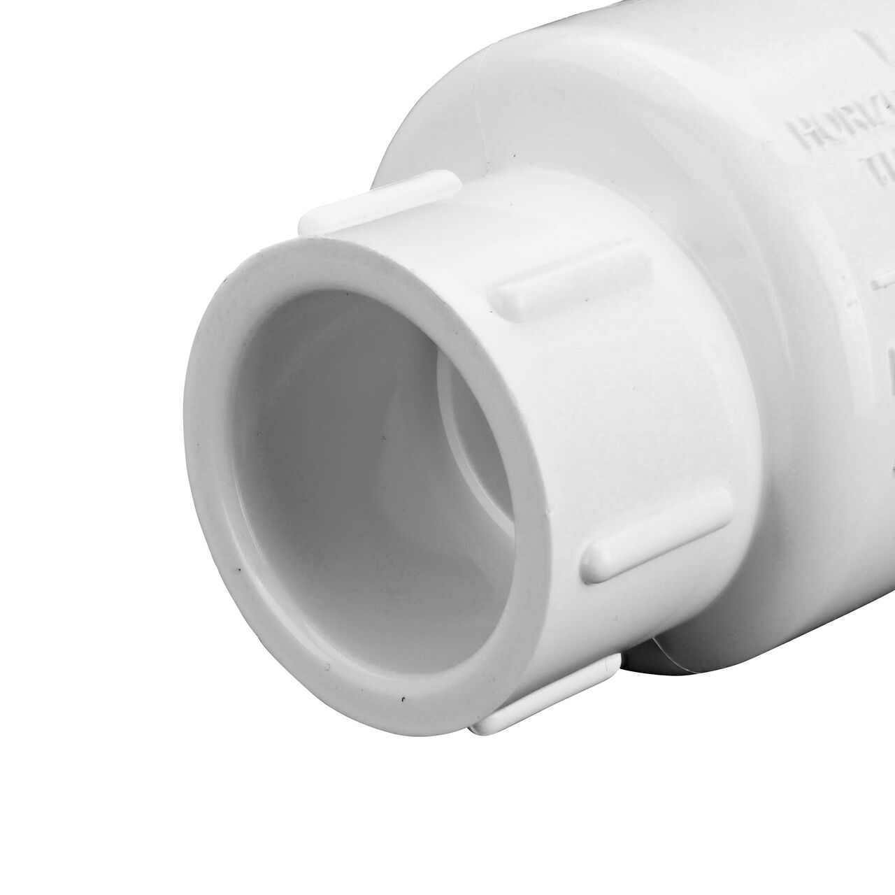 Closeup of outlet slip end on the NDS White 3/4 in. slip end by slip end PVC Swing Check Valve (NDS 1520-07)