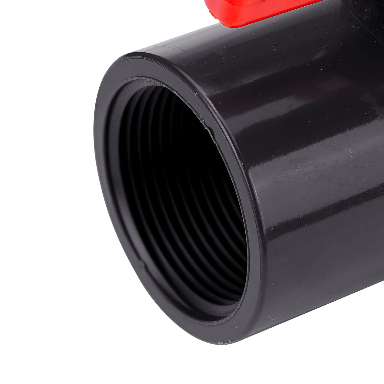 Closeup of the NDS IPS Ball Valve showing the stem that is made of durable PVC material (NDS E1620-12)