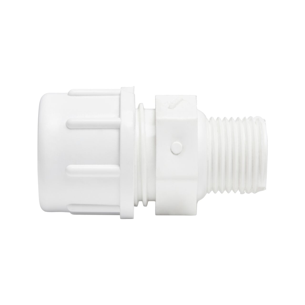 Side View of the NDS 1/2 in. Flo-Lock Gripper Adapter with CTS MPT (NDS 235-05) which transports water through pipes