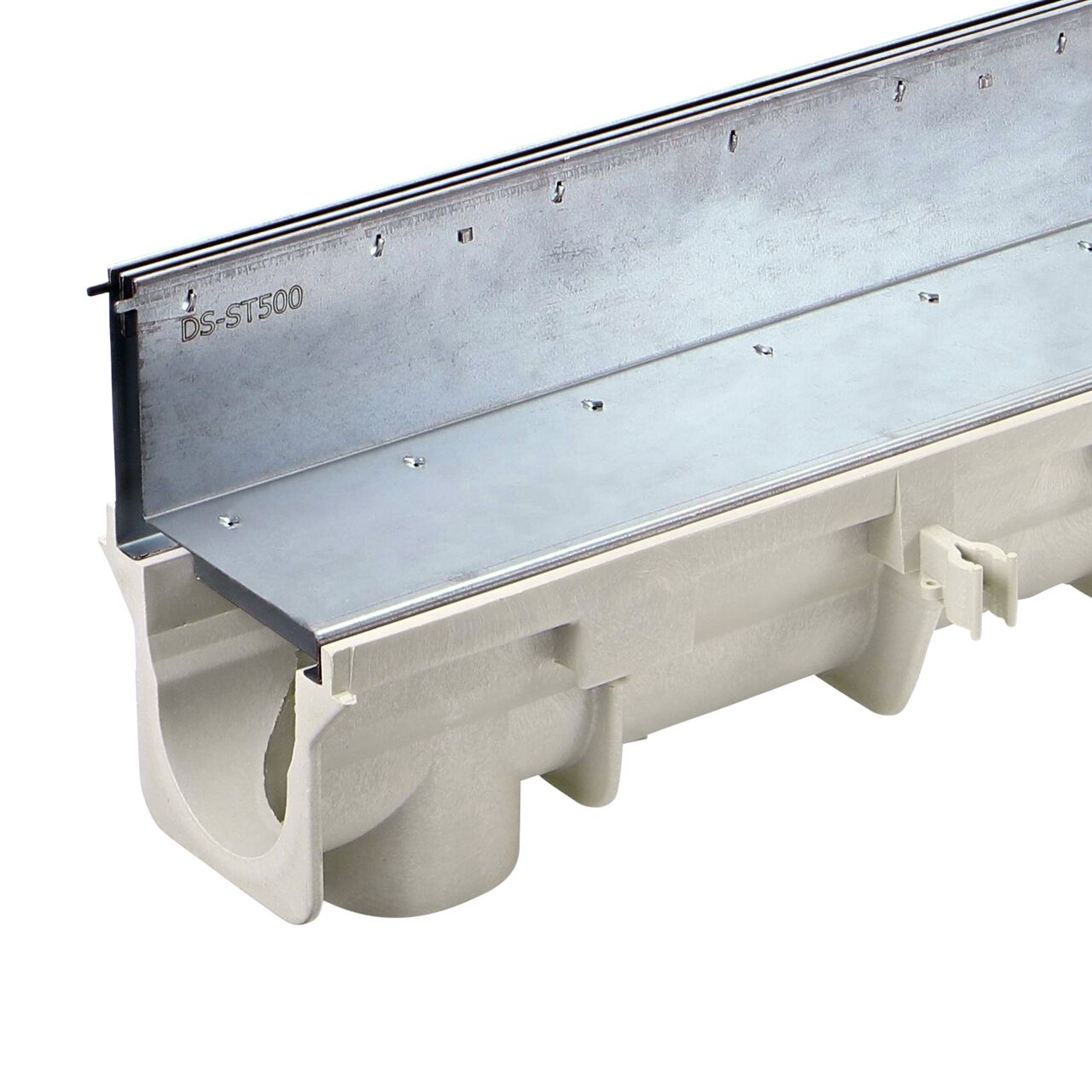 Closeup view of how the 2 feet long NDS Dura Slope galvanized steel slot top channel drain grate (NDS DS-ST2) fits on the NDS Dura Slope Channel Drain (NDS DS-091)