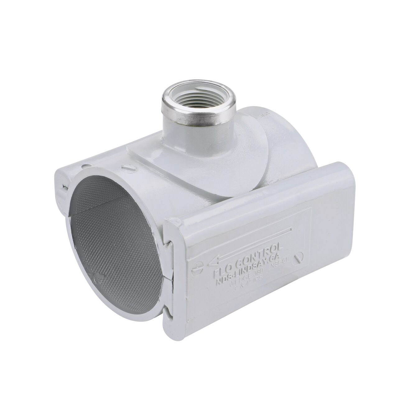 The NDS Clamp-It™ Rigid PVC Saddle with 1 in. FPT connection on top (NDS 443010) for 3 in. PVC pipe has a patented wedge design to install a sprinkler irrigation system to existing pipe without any bolts