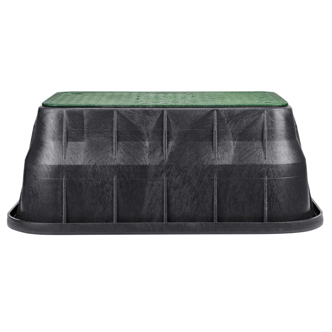 Side view of the longer length side of the NDS 13 in. X 24 in. Rectangular Pro-Spec® Series Valve Box & Irrigation Control Valve Cover (NDS SKU) which is engineered for superior strength with structural reinforcing ribs