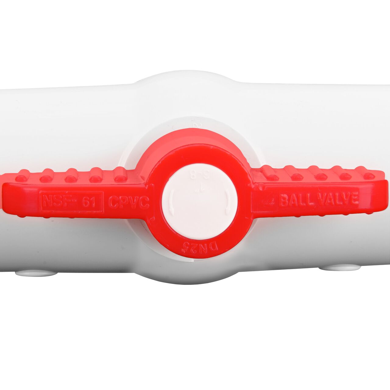 A closeup of the NDS CTS Ball Valve shows that the product can withstand 100 PSI and fits sch. 40 pipes in an irrigation or other pressurized system  (NDS C1310-10)