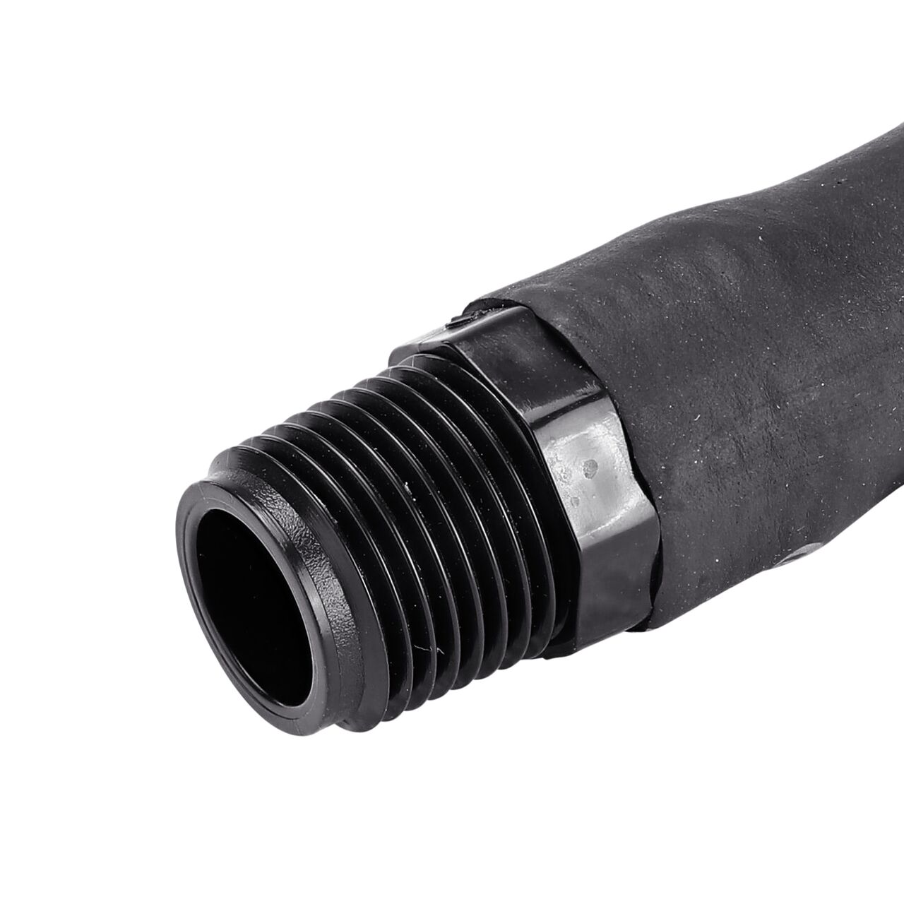 Closeup of the NDS 1/2 in. Flexible Riser barbed end that is made of PVC that attached to a rubber body which prevents riser from breaking under accidental impact s (NDS FR-0500-4)