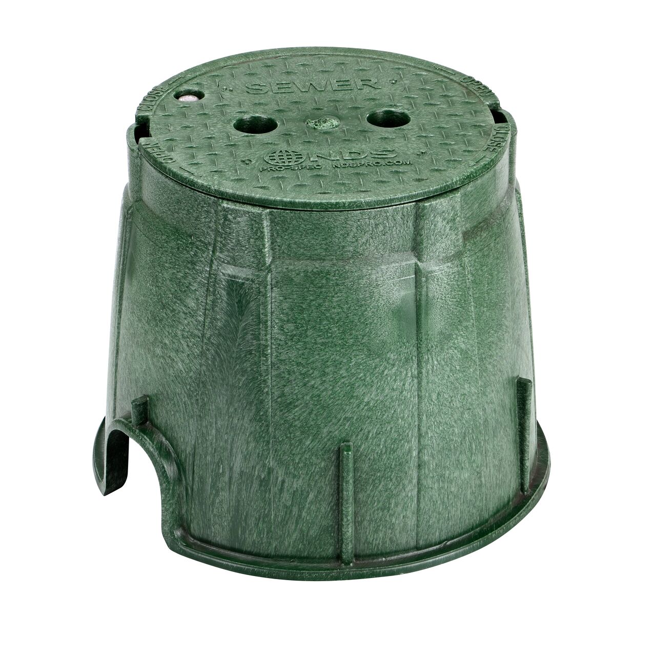 The NDS 10 in. Round Pro-Spec® Series Valve Box, Cover, with Bolt is a 10 in. high Green Box and Green Cover with Sewer markings on the lid (NDS 312BCBS) protect underground irrigation and sprinkler system components and keep them out of sight