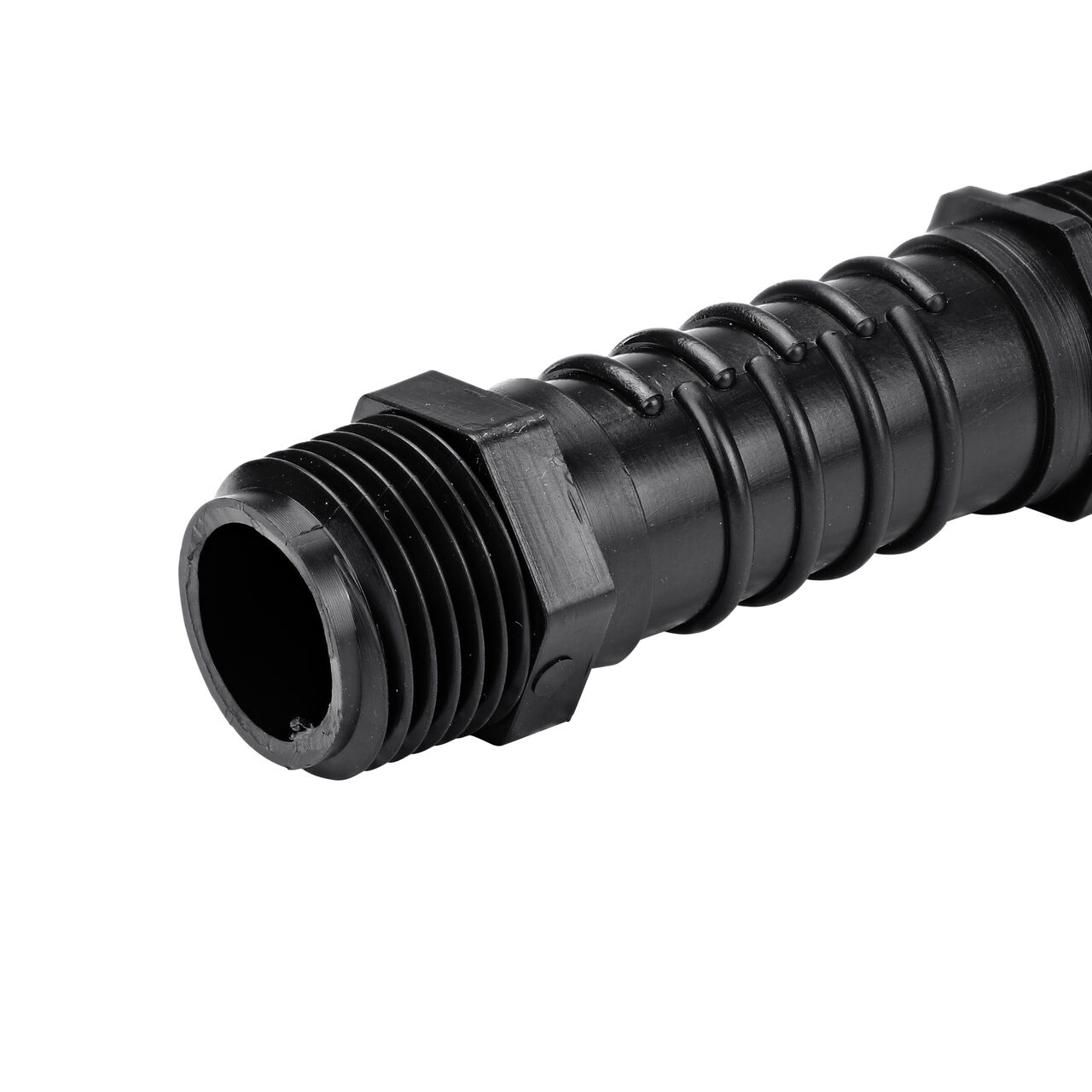 Closeup view of 6 in. long Fleexe Cut-Off Riser's MPT end that connects sprinklers to irrigation pipelines (NDS FCO-0500)