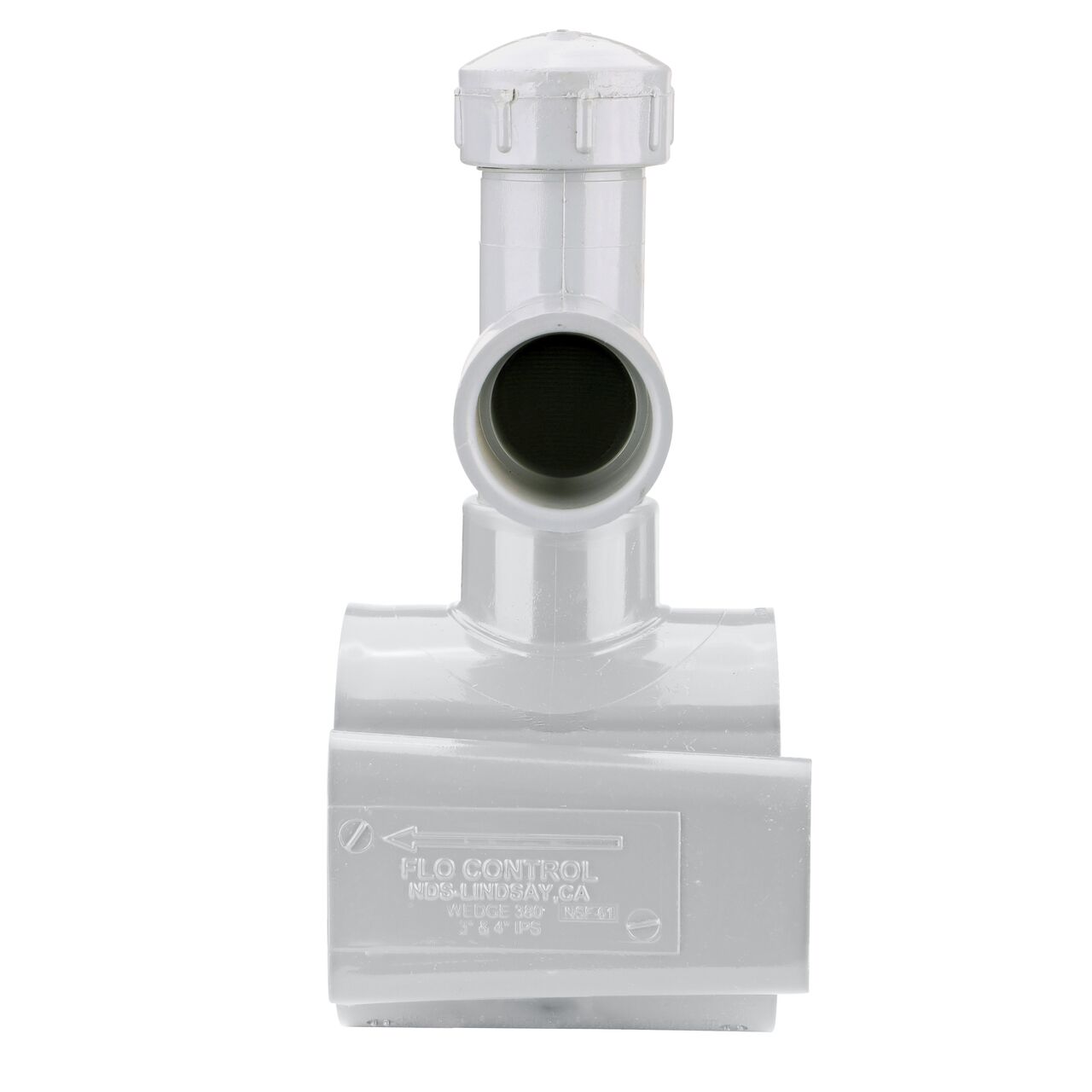 Side view showing patented wedge design and water flow on the 4 in. NDS Flo-Tap™ Rigid PVC Saddle with a 1-1/2 in. Socket or 2 in. spigot connection on top (NDS 3240)