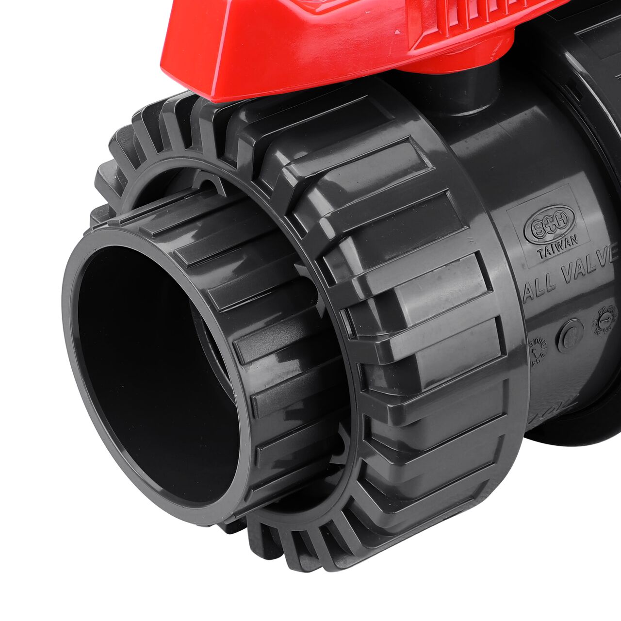 Close up view of the slip end on the NDS 3 in. PVC True Union Ball Valve (NDS BTU-3000-SE) and how it connects to Schedule 80 pipe