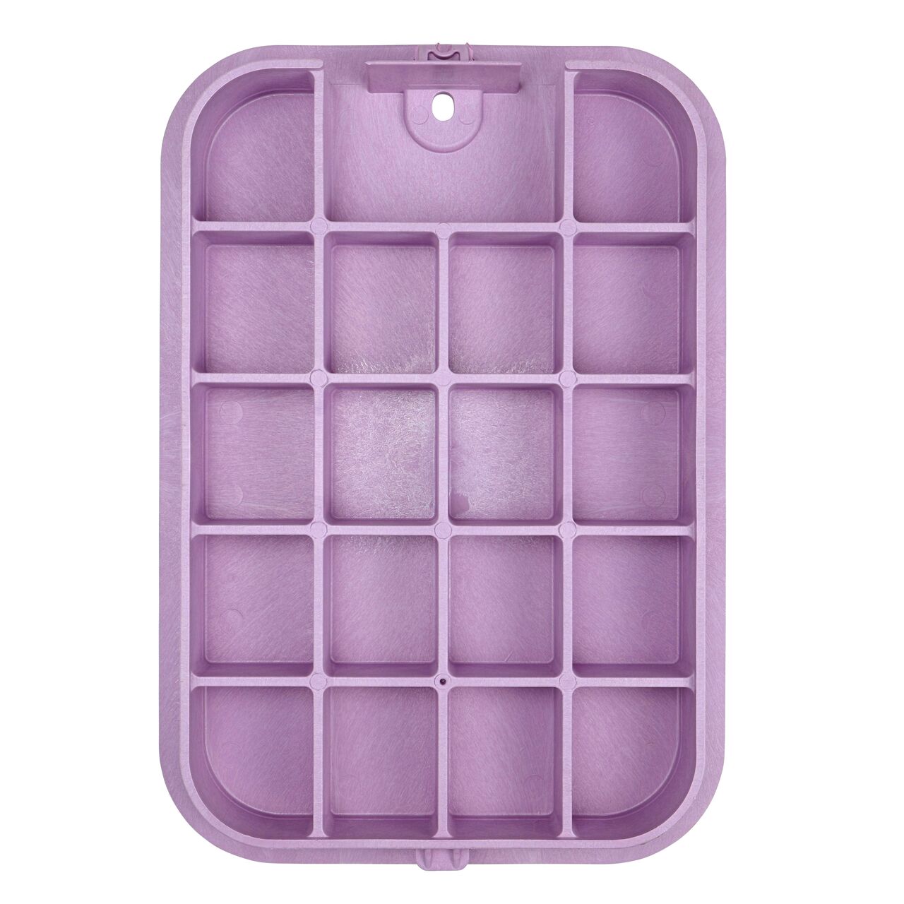 Top down view of the underside side of the Purple Reclaimed Water cover (NDS 115BCR) for the NDS 14 X 19 in. Rectangular Standard Series valve box Extension, showing reinforcing ribs that are load rated to withstand pedestrian traffic and the rigors of lawn care equipment