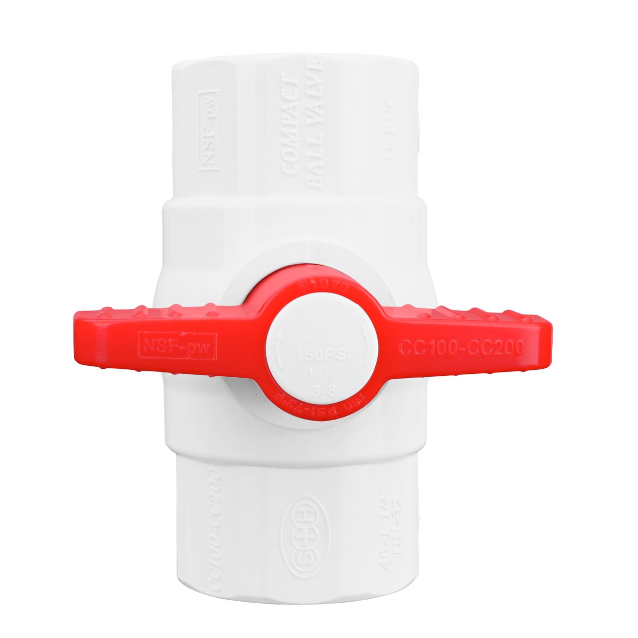 Closeup of the NDS IPS Ball Valve showing that the handle is made of durable PVC material perfect for irrigation or other pressurized system (NDS E1420-12)