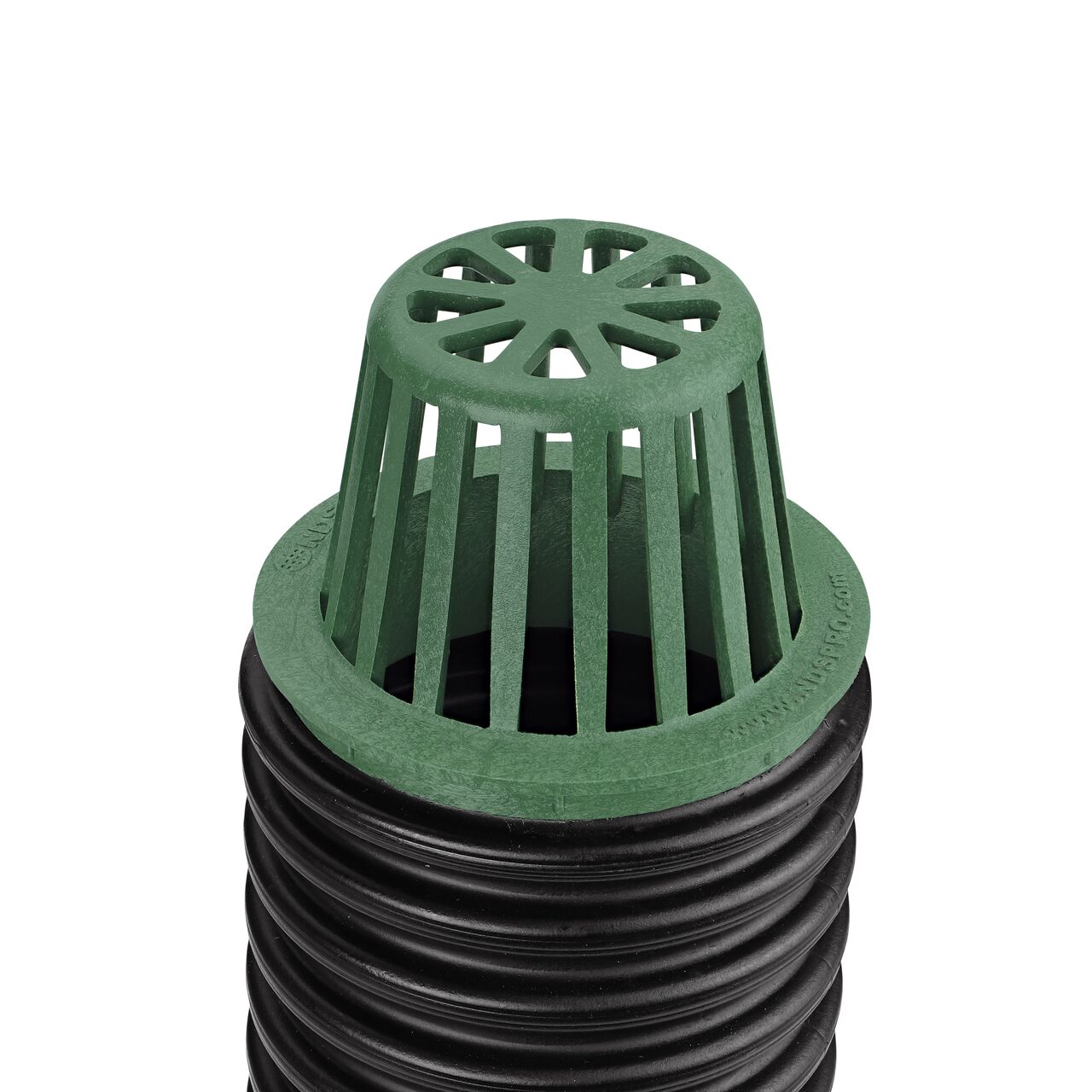 NDS Green Plastic 4 in. Atrum Grate (NDS 75) installed on 4 in. Single-Wall Corugated Pipe