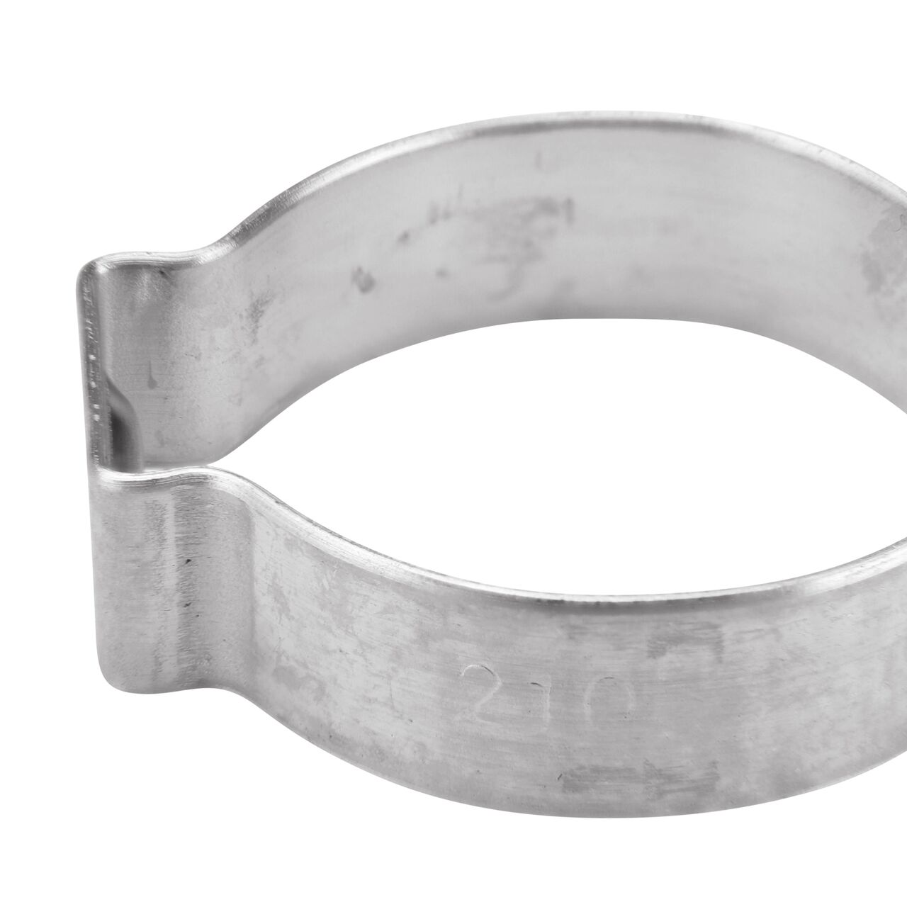 Closeup side view of the NDS 210R Stainless Steel Pinch Clamp (NDS NC-155000-012) that works with most soft hose and rigid plastic pipe to transport water and prevent leaks in pressurized systems